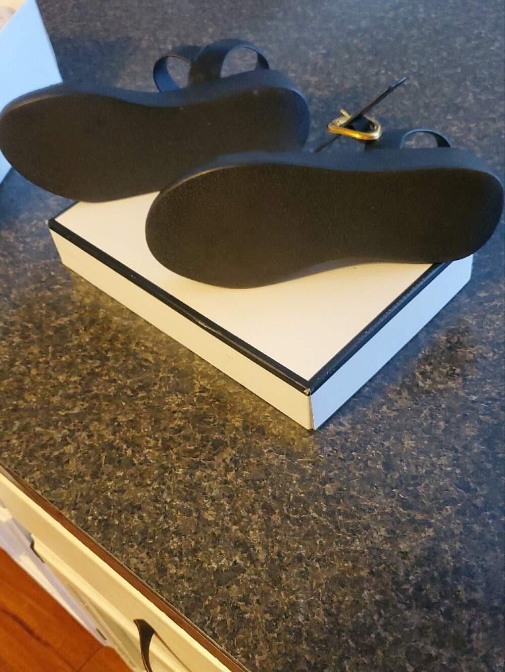 Steve Madden Black Leather Slingback Sandals with Gold Buckle - Picture 5 of 7